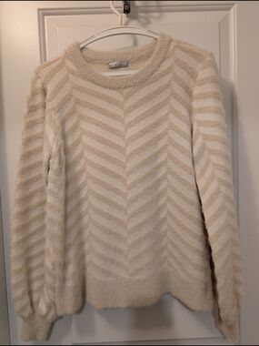 Cream and Beige Chevron Fuzzy Plush Crewneck Sweater